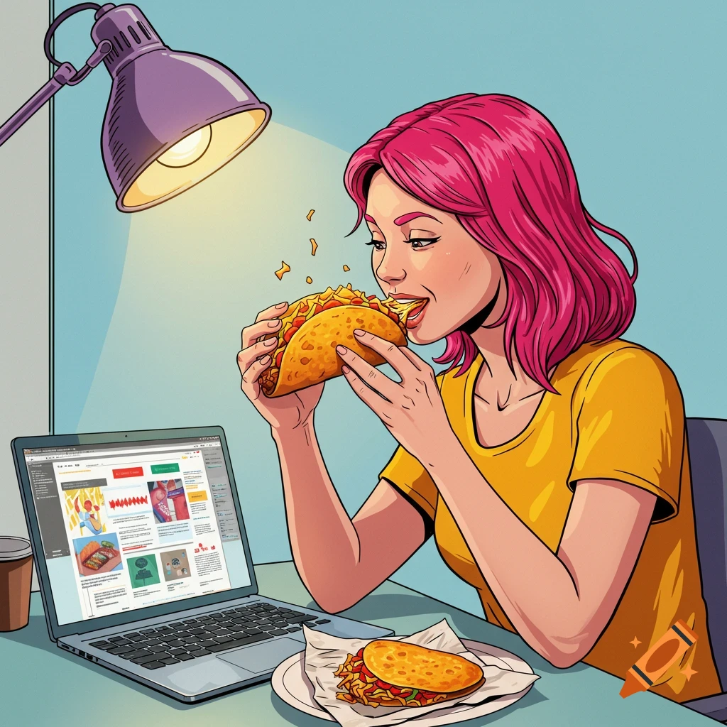 A person with pink hair eating a taco while using a laptop.