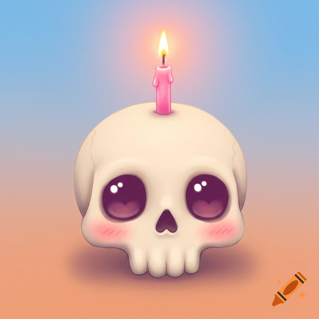 Cute skull illustration with large eyes, rosy cheeks, and a lit pink birthday candle on top.