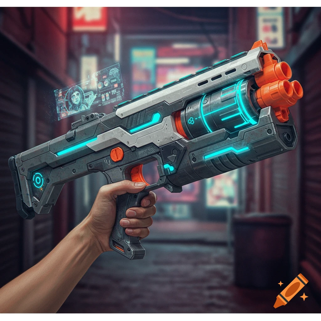 A hand holds a futuristic cyberpunk laser rifle with neon lights and a holographic display in a city street.