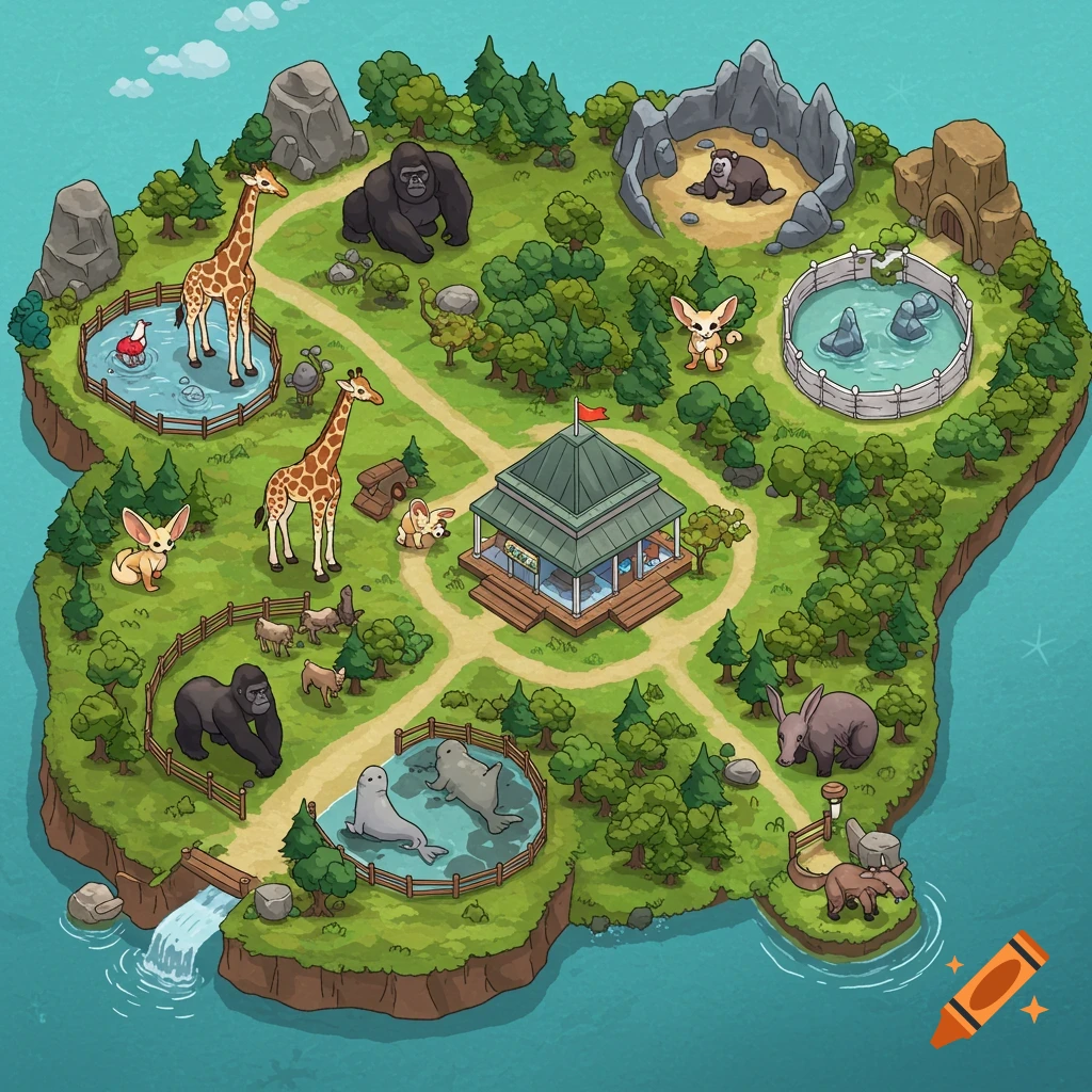 Cartoon isometric map of a small zoo island with animal enclosures and a central building.