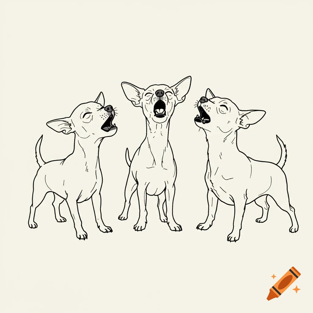 Line drawing illustration of three small dogs barking.