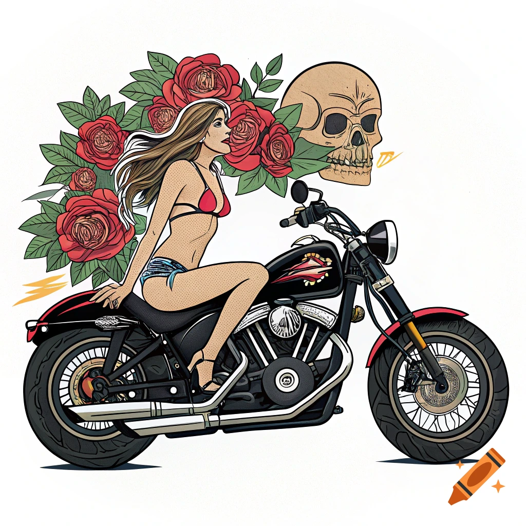 Tattoo art style image of a woman in a bikini on a motorcycle with a skull and roses.