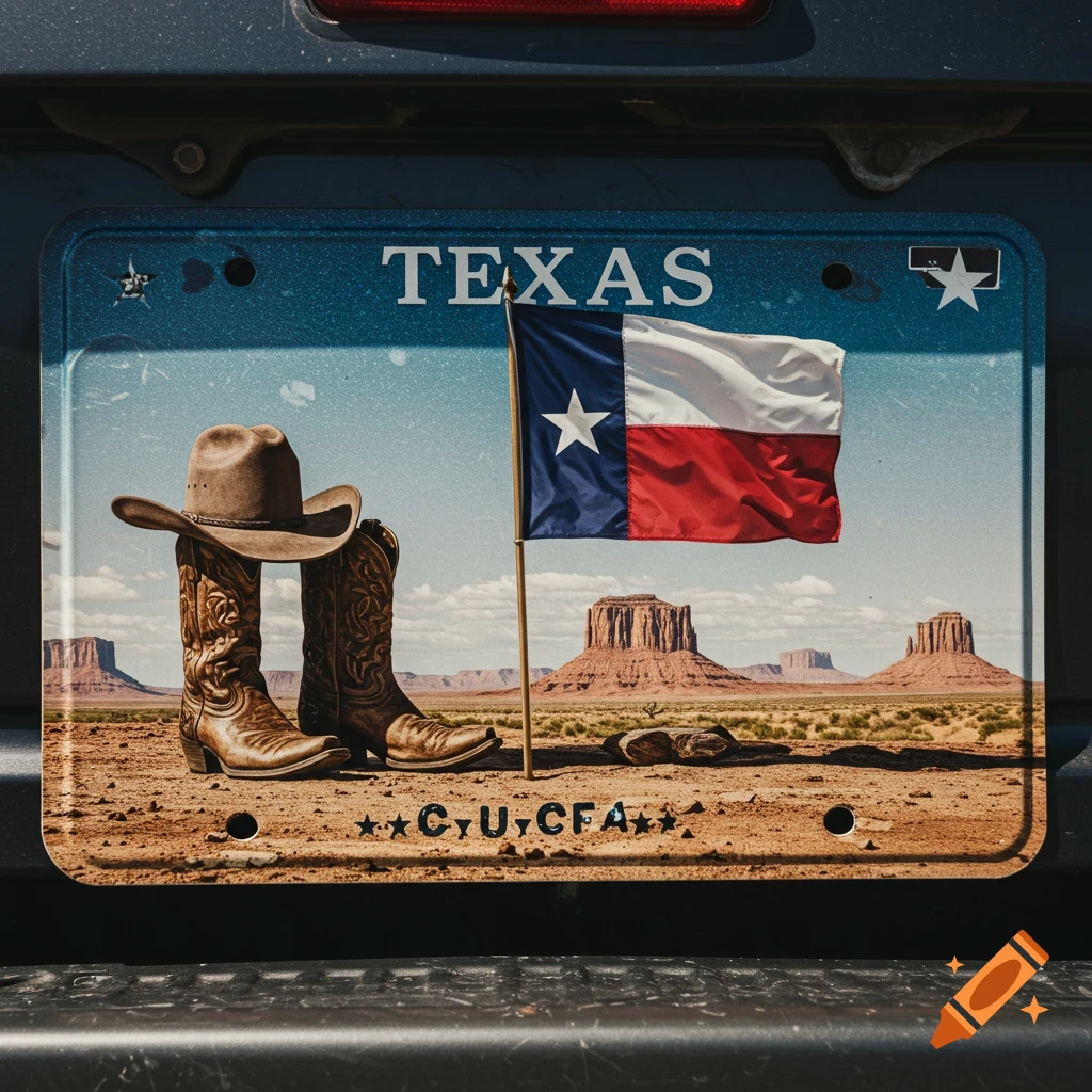 A Texas license plate design featuring cowboy boots, a hat, a Texas flag, and a desert landscape.