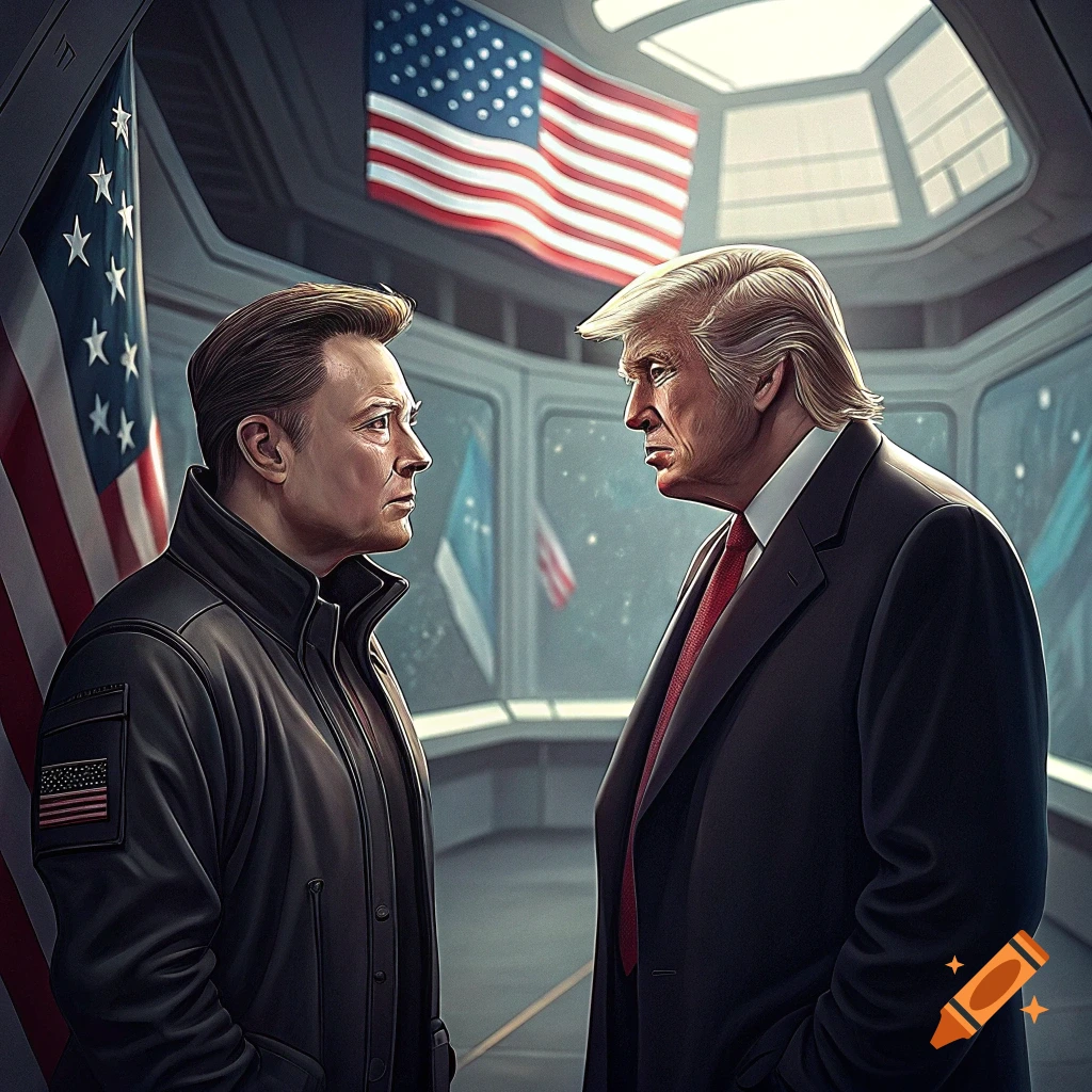 Elon Musk and Donald Trump face off in a space station with American flags.
