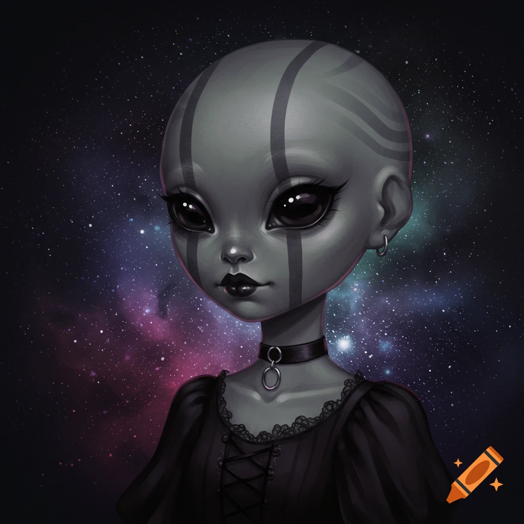 A cute grey alien girl with facial stripes, wearing a black dress, against a galaxy background.