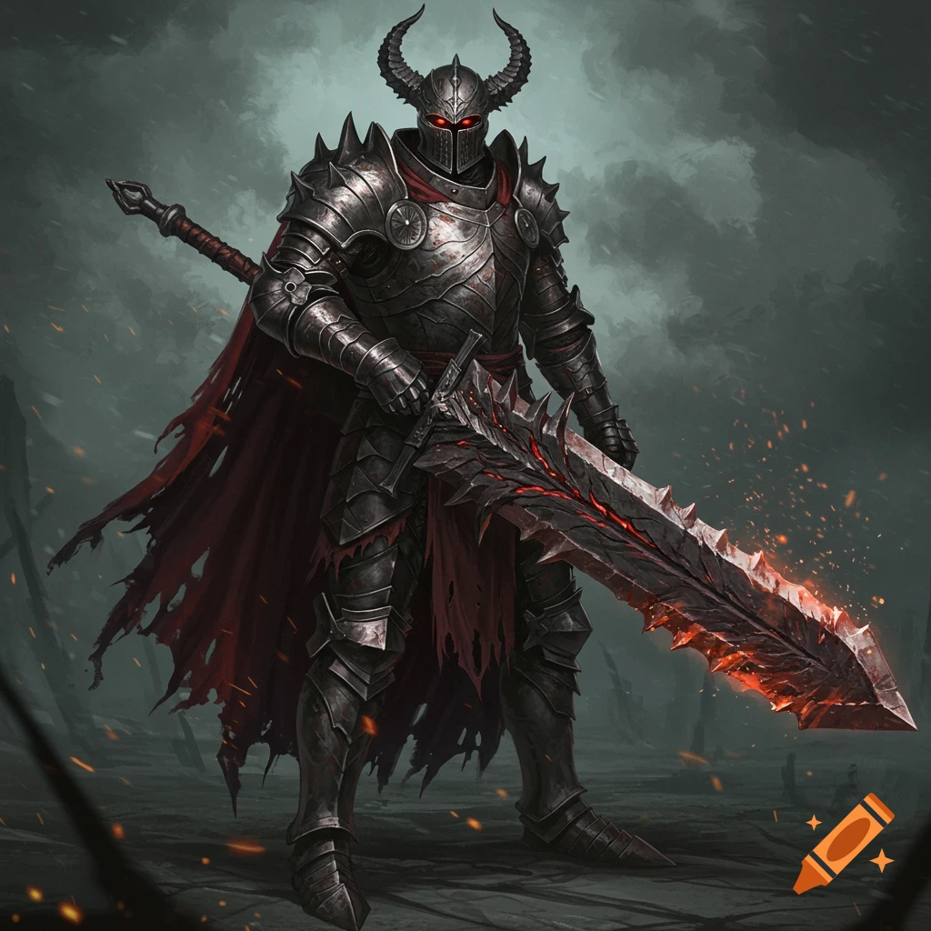 A dark fantasy of a scary knight in black armor with a large, flaming sword.