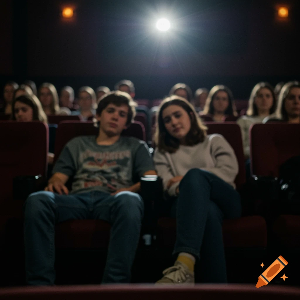 Two blurry teenagers sitting in a dimly lit movie theater with bokeh effect.