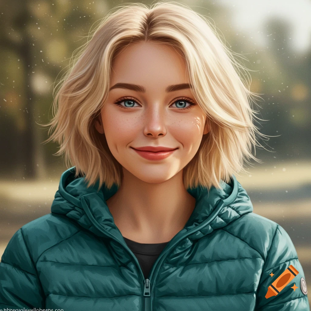 Realistic digital portrait of a young blonde woman smiling in a teal puffer jacket.