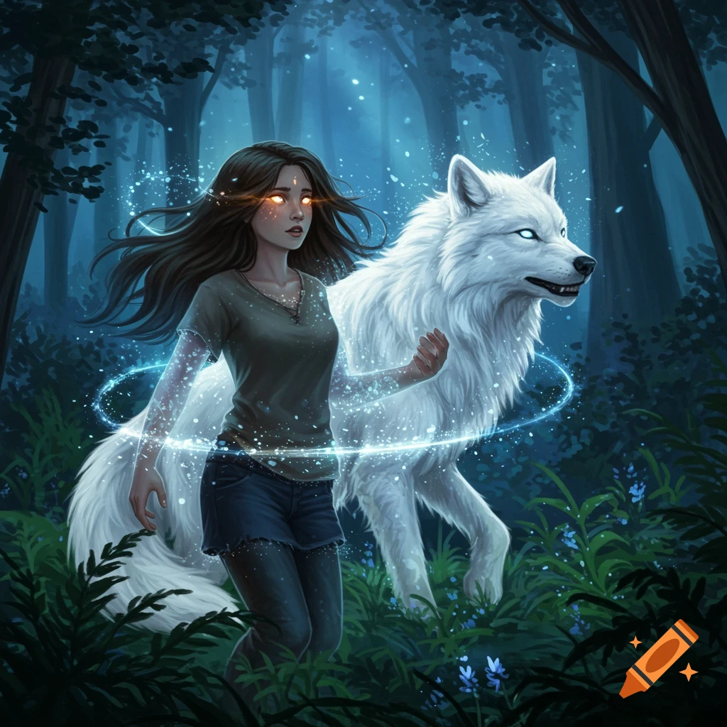 A girl transforms into a glowing white wolf in a magical forest.