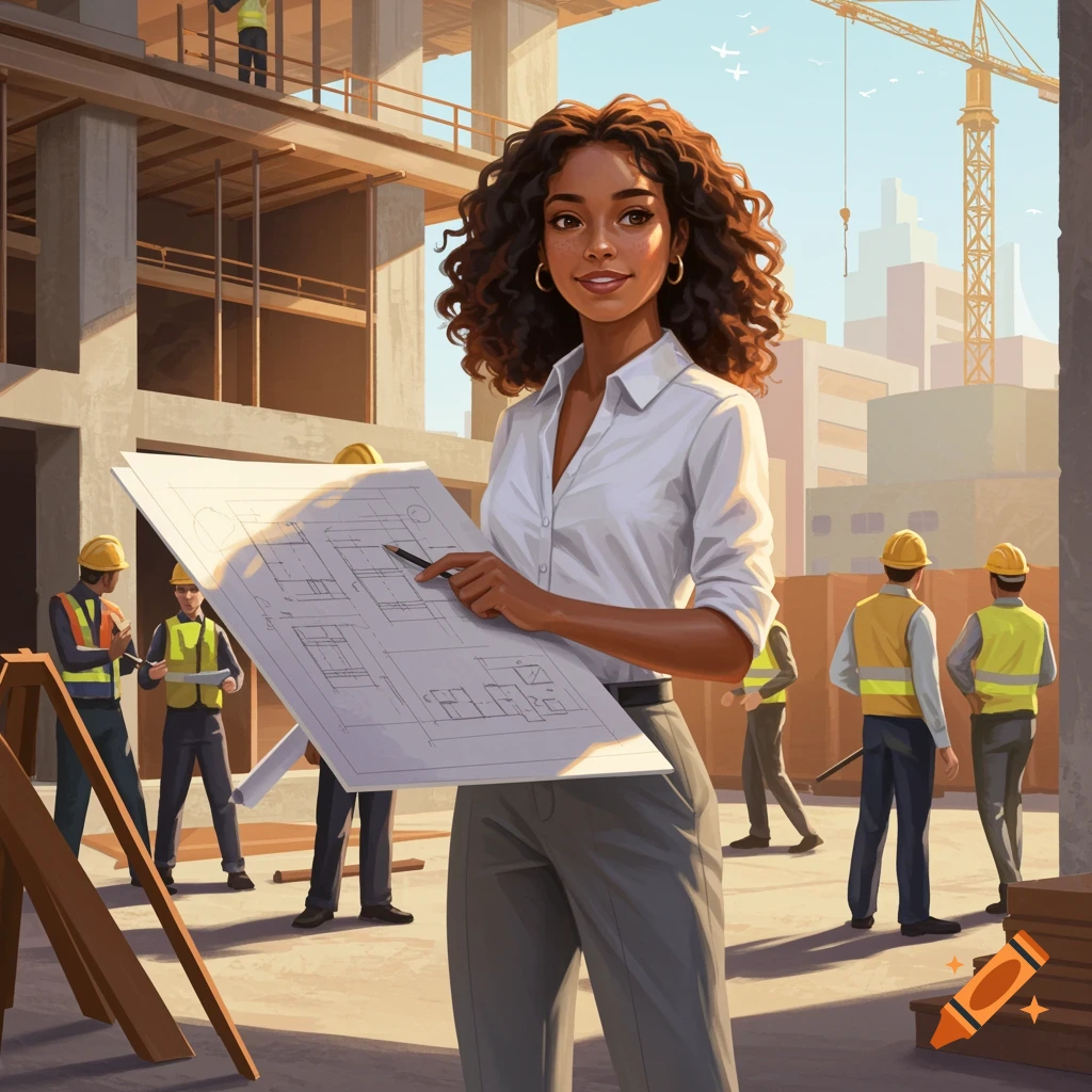 A woman architect holding architectural plans is at a construction site surrounded by engineers.