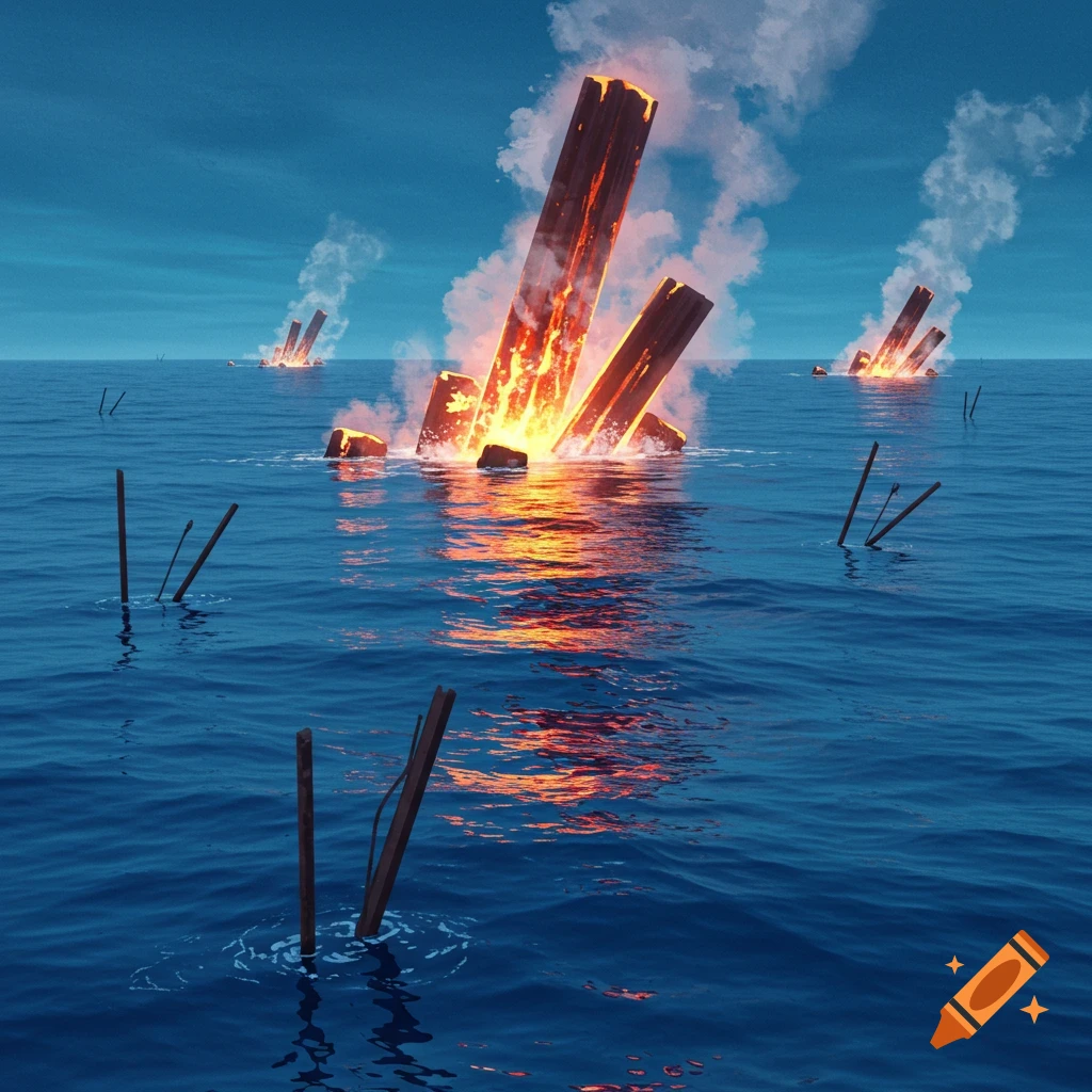 Burning structures and rods rising from a blue ocean.