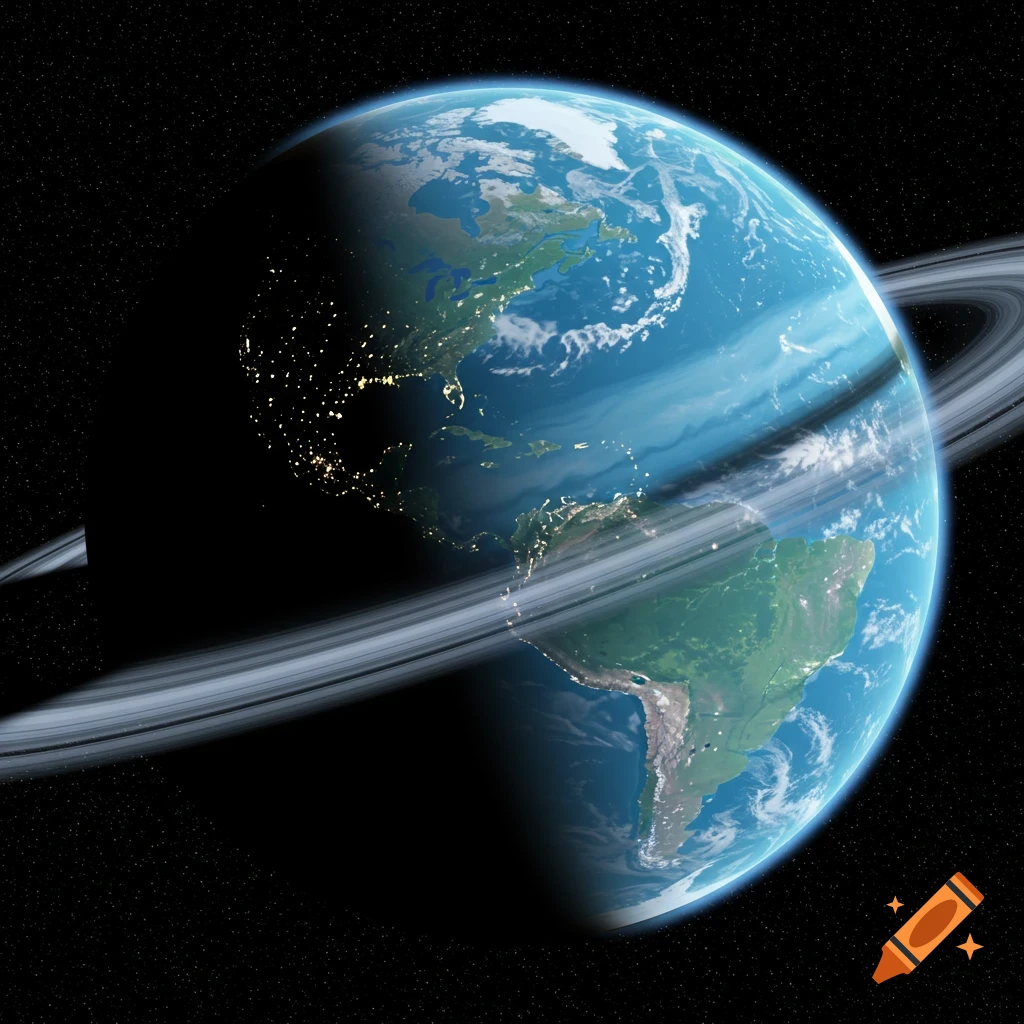 Earth with rings in space, showing city lights.