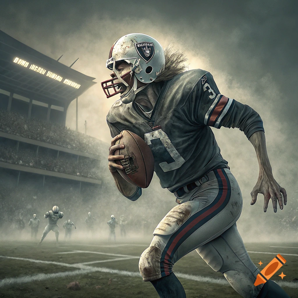 A zombie in a football uniform runs with the ball in a stadium.