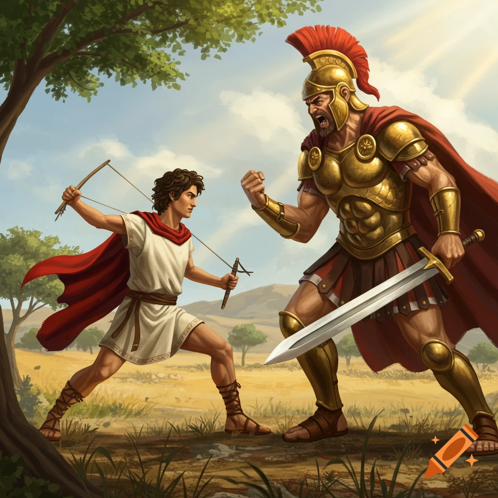 David with a sling facing Goliath in armor in a field.