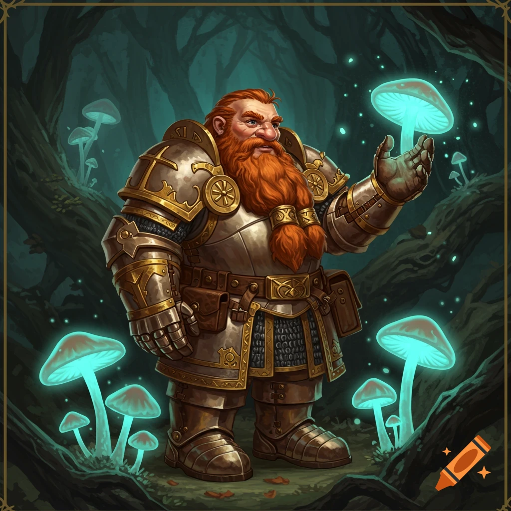 A dwarf paladin holds a glowing mushroom in a dark forest filled with more glowing mushrooms.
