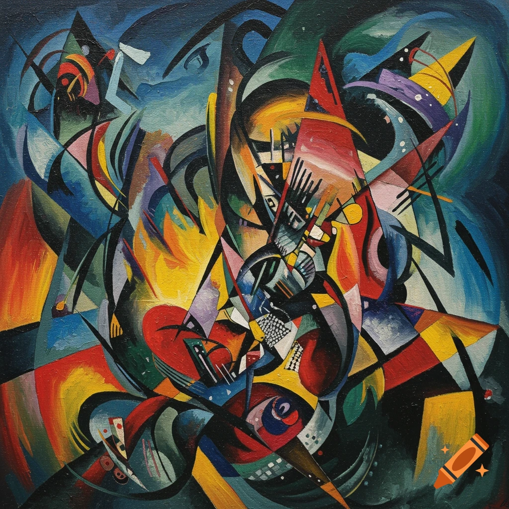 A vibrant abstract painting in the style of Wassily Kandinsky, with interlocking geometric shapes and bold colors.