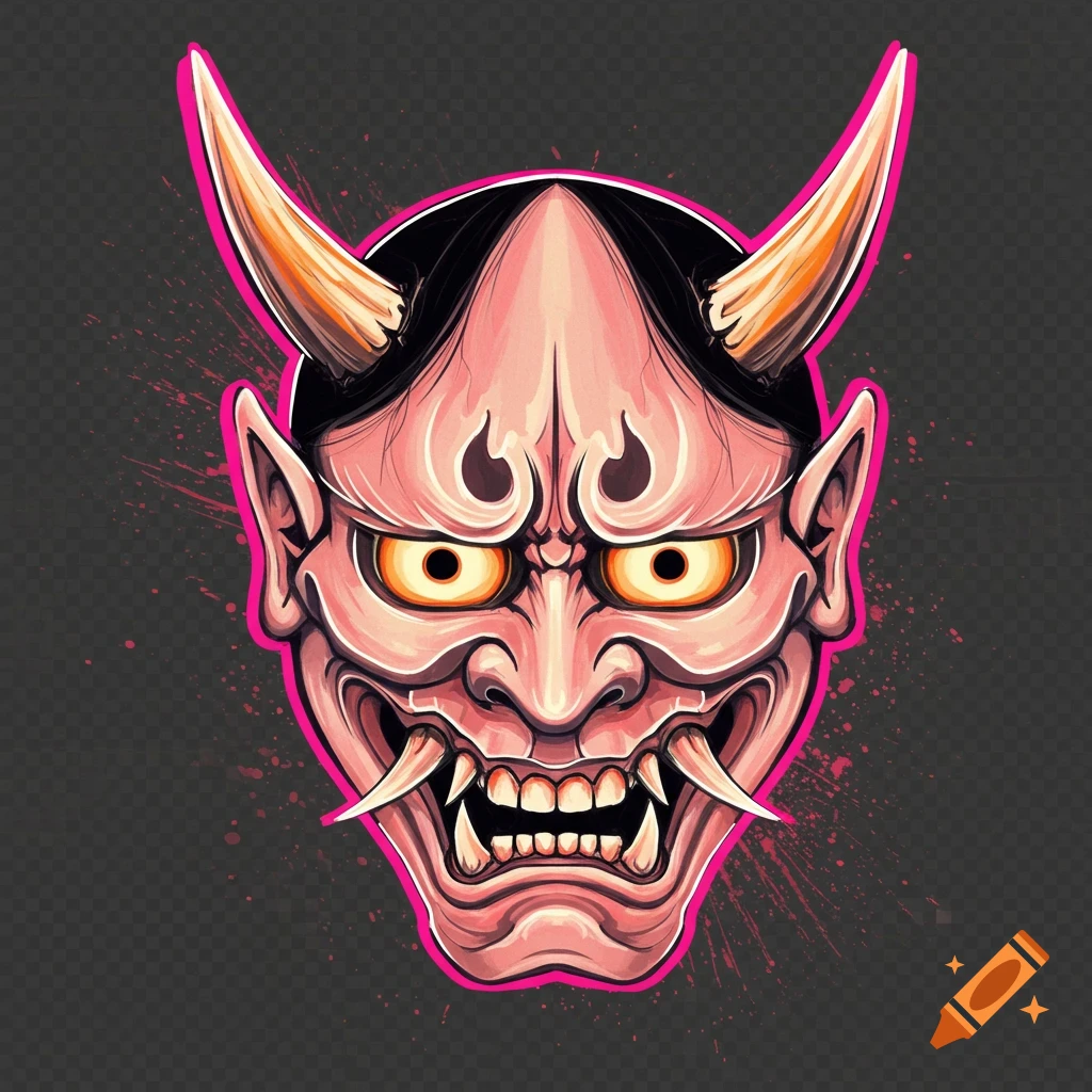 A digital illustration of a stylized pink and black oni mask with horns, fangs, and a bright pink outline against a dark background.