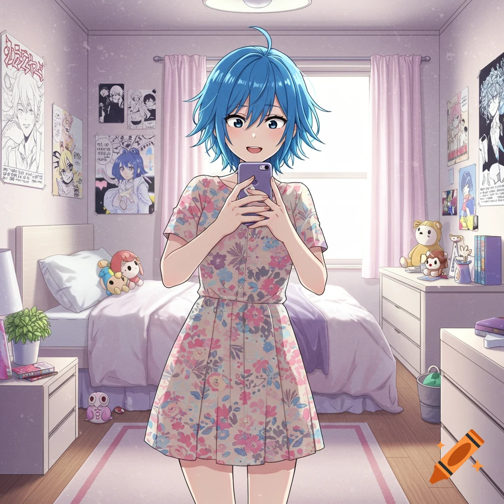 Anime girl with blue hair taking a selfie in her bedroom
