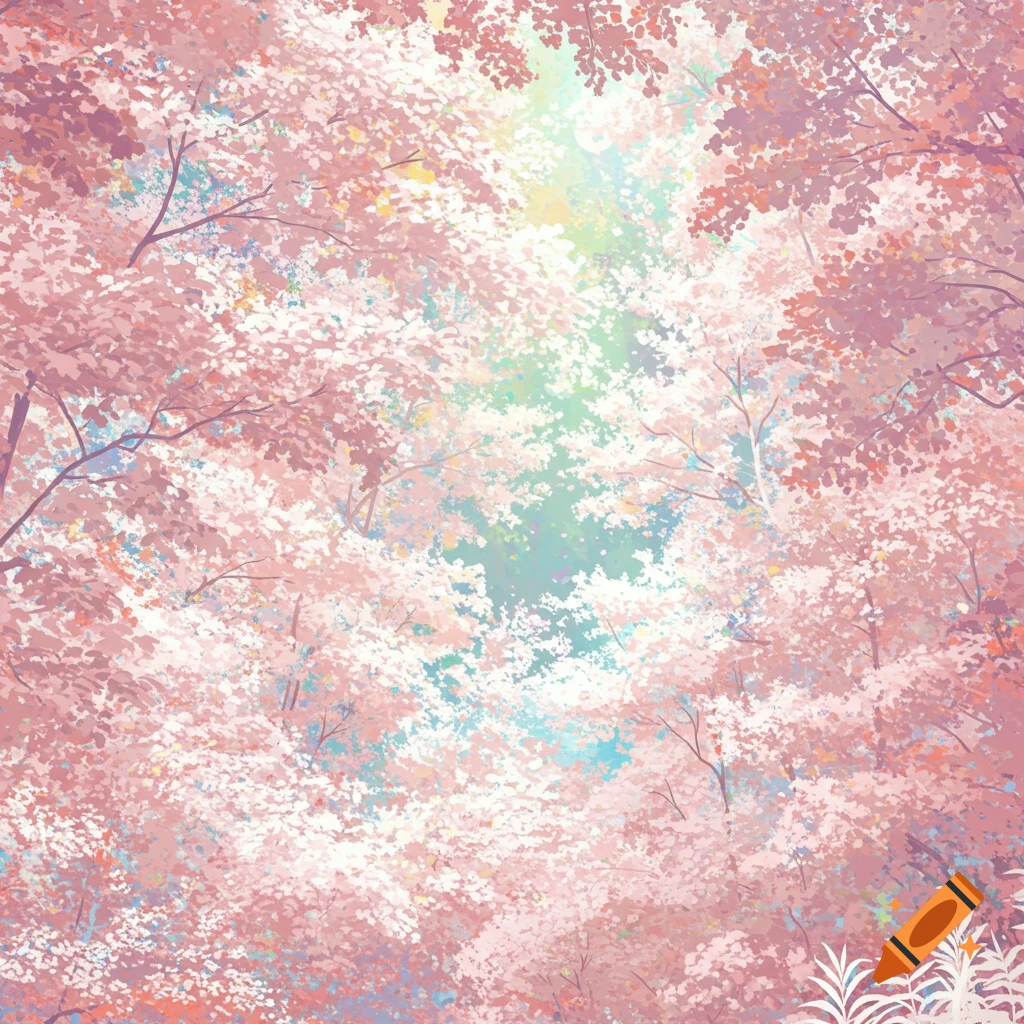 A forest canopy with pink and white leaves and bright light filtering through.