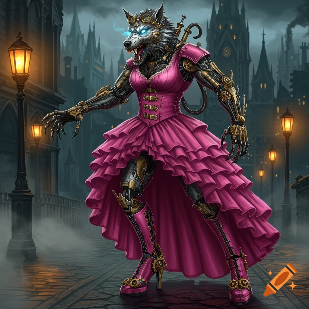 A mechanical werewolf wearing a pink high-low dress and boots stands on a city street.