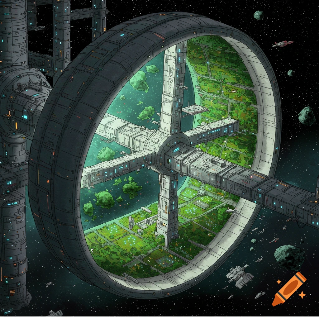 A large ring-shaped space station with a green, park-like interior floats in space.