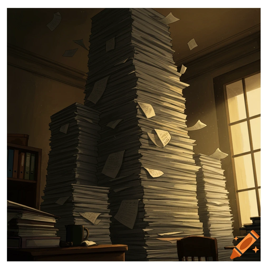 A massive stack of papers in an office with light from a window.