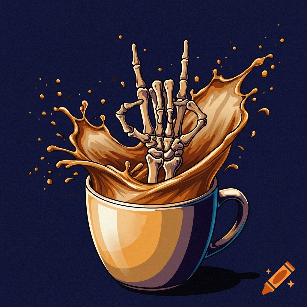 Digital illustration of a skeleton hand making a rock and roll sign emerging from a splashing cup of coffee.