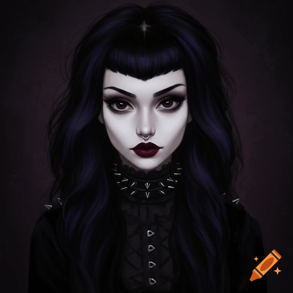 A portrait of a gothic person with dark hair, pale skin, heavy makeup, nose ring, and spiked collar.