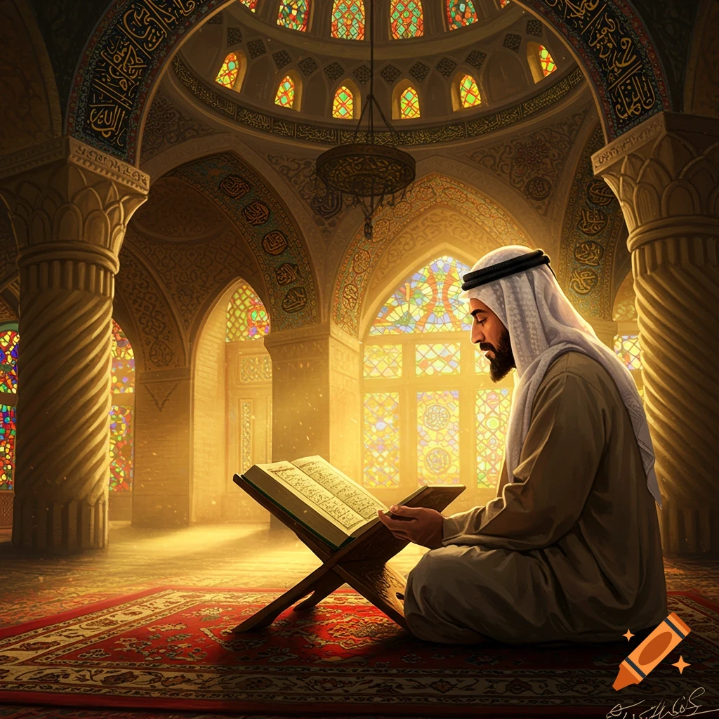 A man reading a book in a mosque with sunlight streaming through stained glass windows.