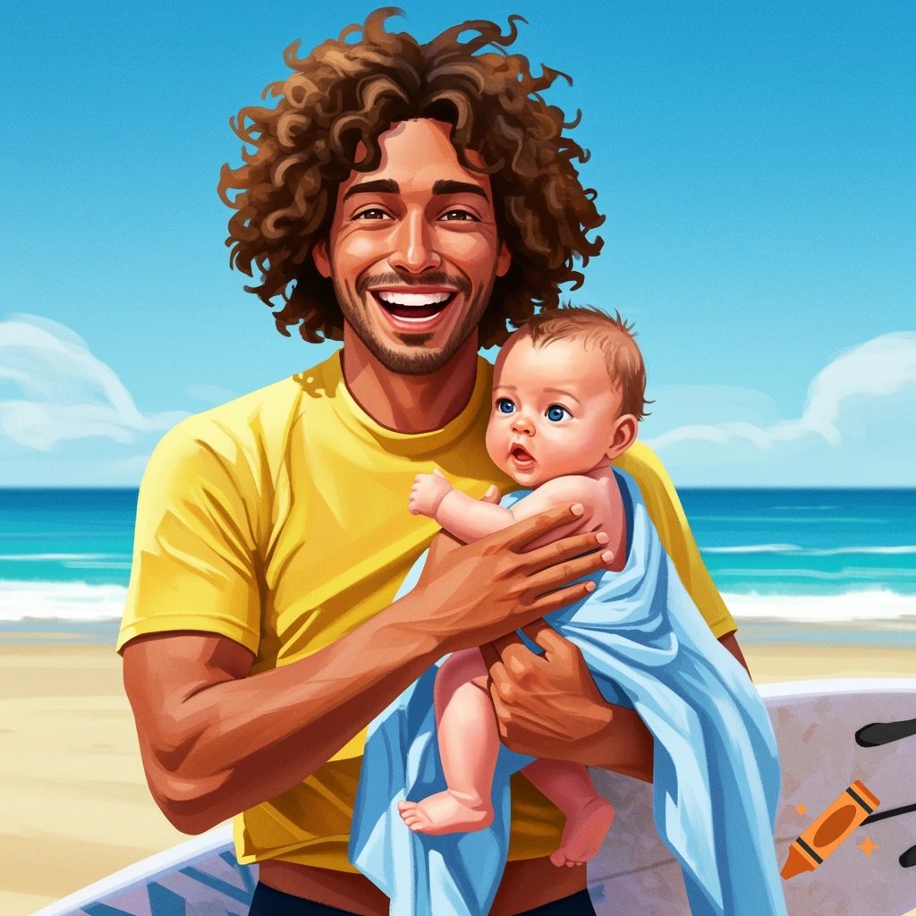 Man With Curly Hair Surfer Olive Skin Smiling Holding A Baby On Craiyon Man with curly hair surfer olive skin smiling holding a baby on craiyon