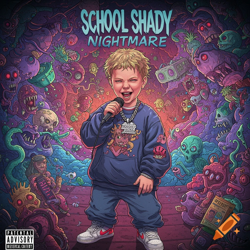 An illustration of a young boy rapper in a surreal, nightmarish landscape, styled like a graphic novel cover.