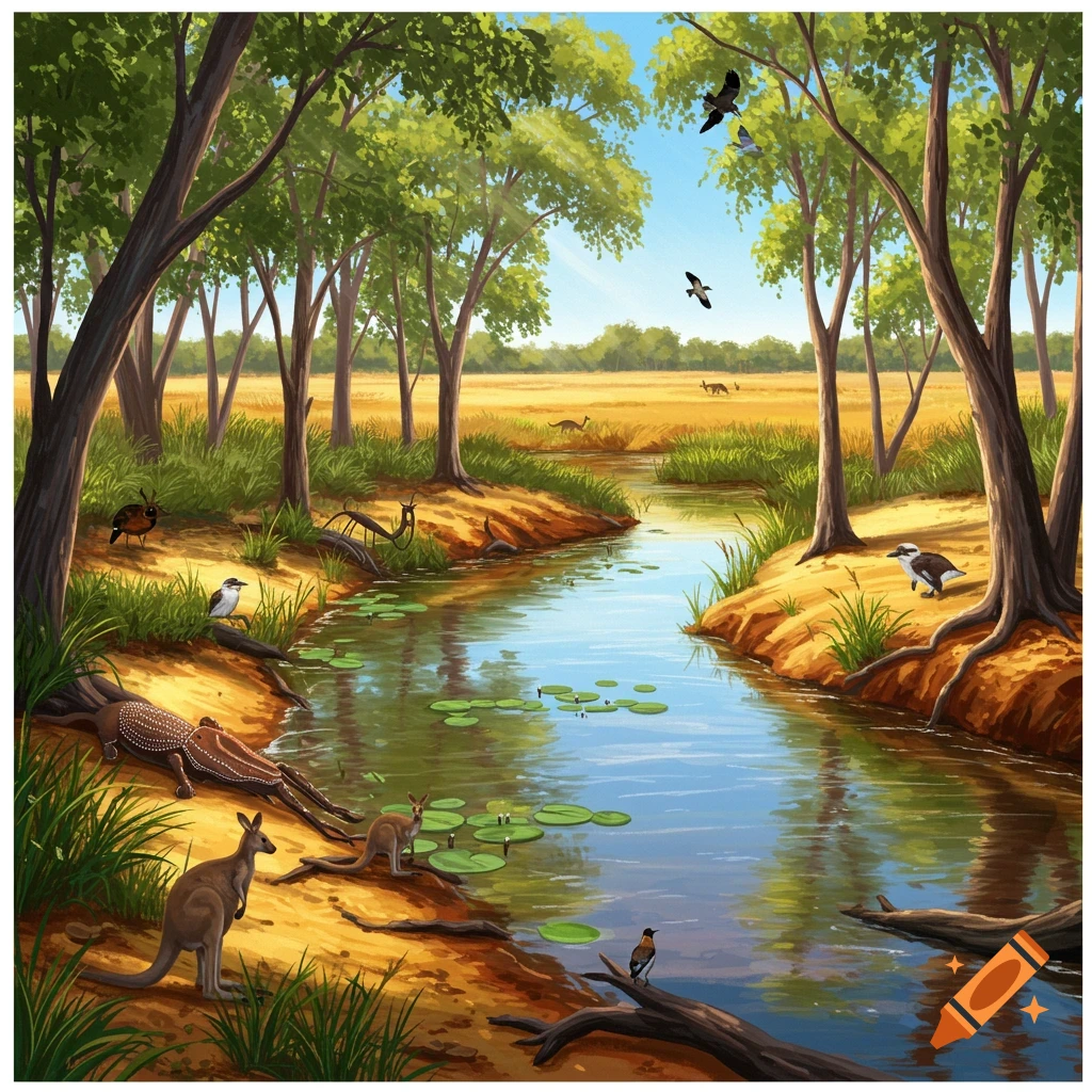 Australian wildlife along a billabong, including kangaroos, birds, and a lizard.