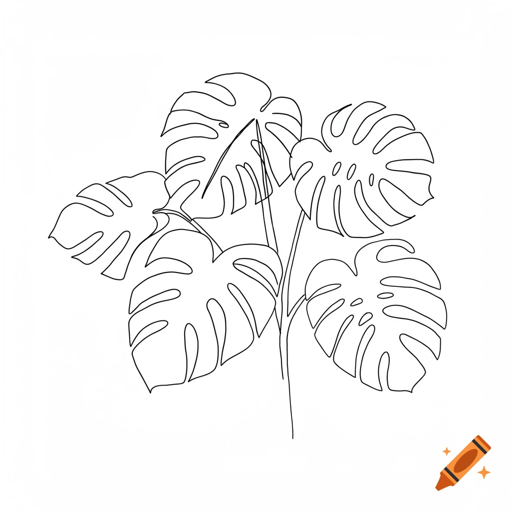 Black and white outline drawing of a monstera plant.