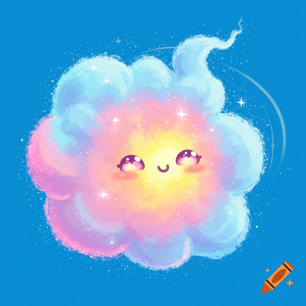 Cute pastel cloud character with sparkling eyes against a blue background.