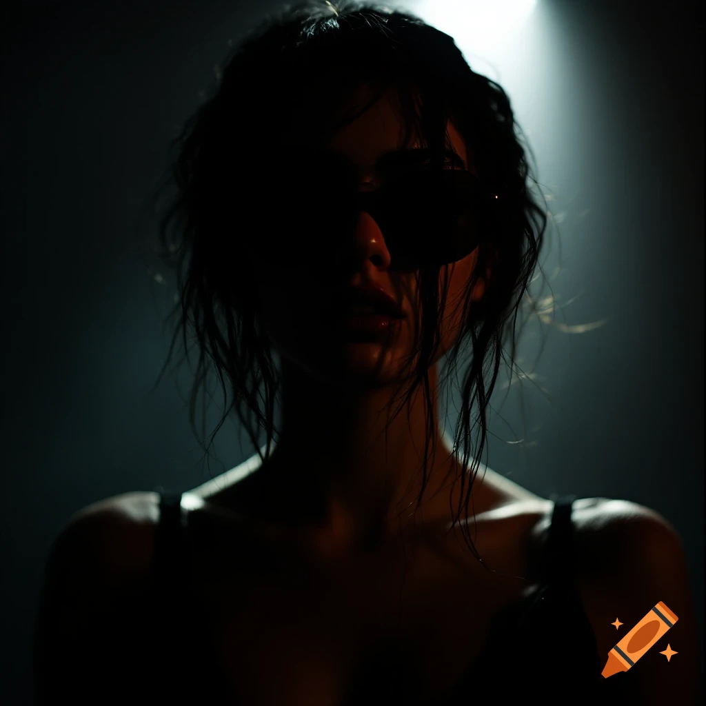 Dramatic portrait of a person in sunglasses with dark hair, silhouetted against a spotlight.