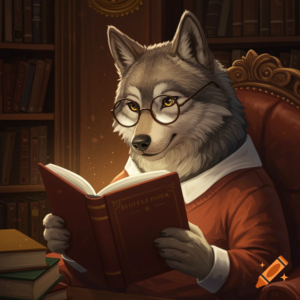 Illustrative style image of a wolf wearing glasses reading a book in a cozy library.