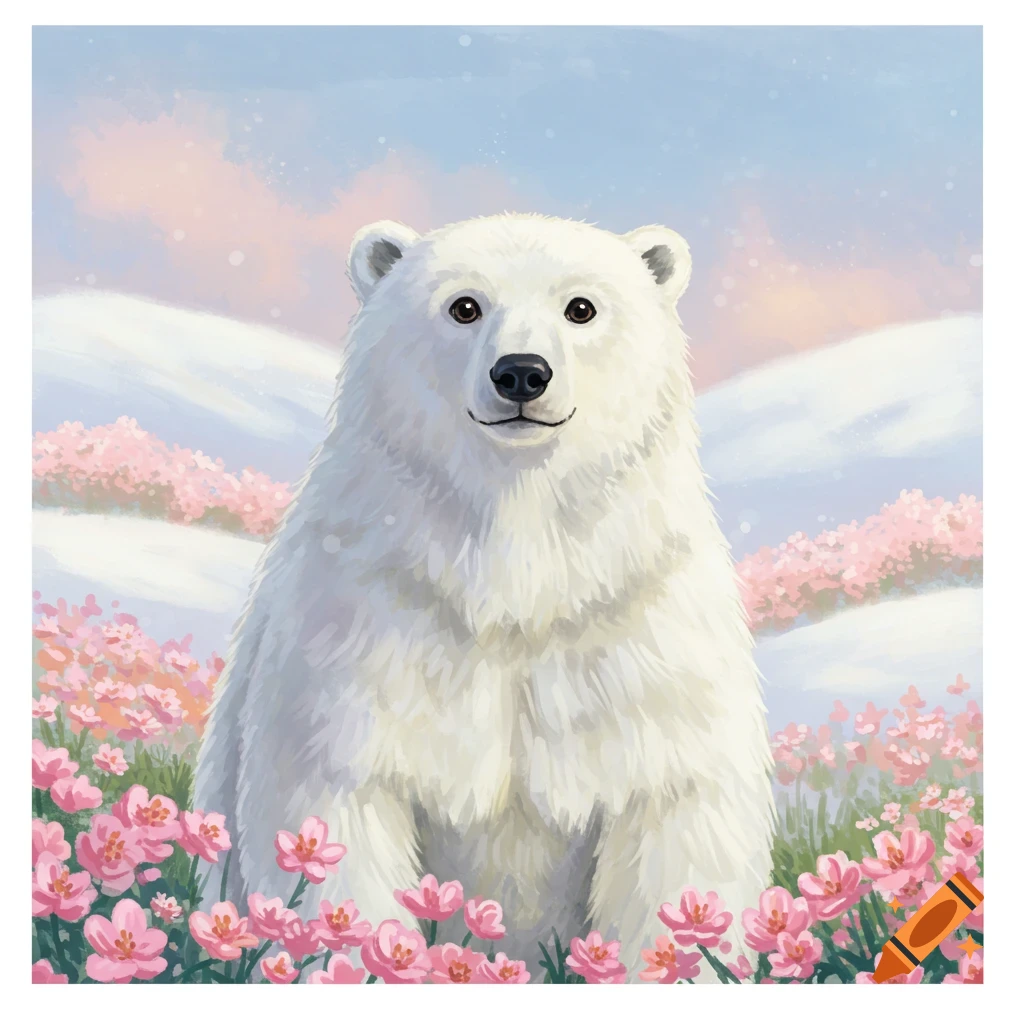 A polar bear sits amongst pink flowers, with snowy hills visible in the distance. The image has a serene, slightly fantastical quality.