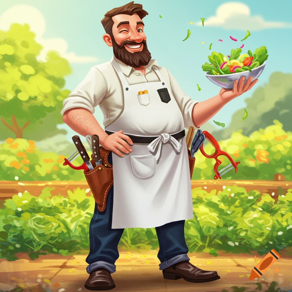 A man with a beard wearing an apron and tools holds up a bowl of salad.