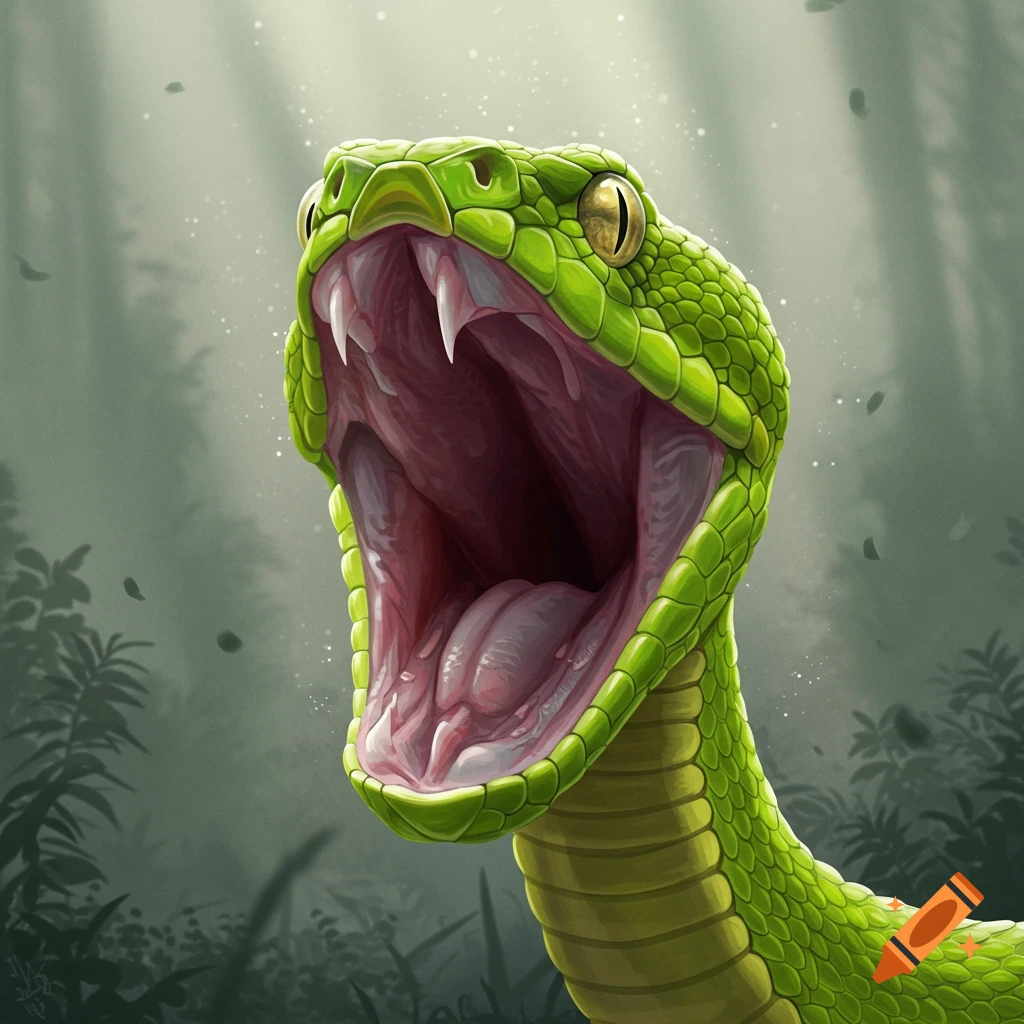 A green snake is depicted with its mouth wide open, revealing its fangs.