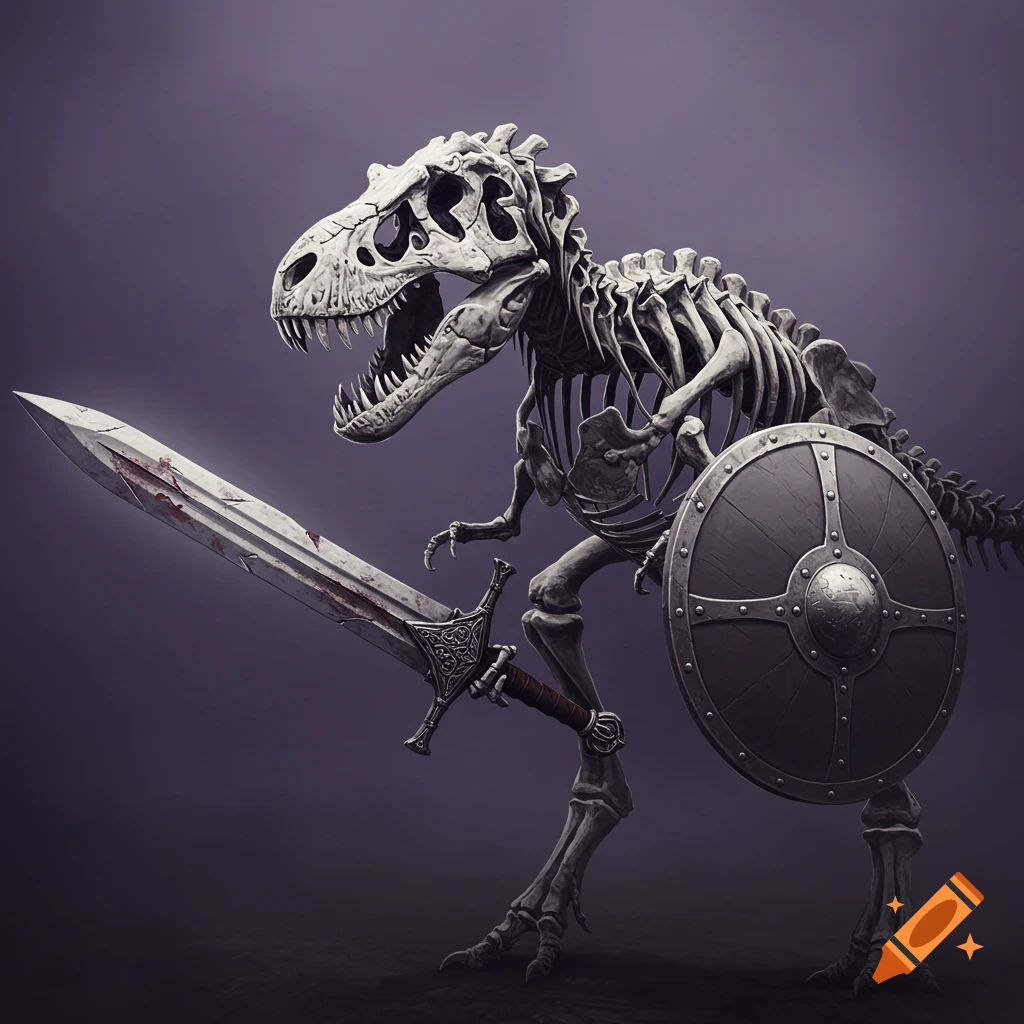 A dinosaur skeleton holds a sword and shield.