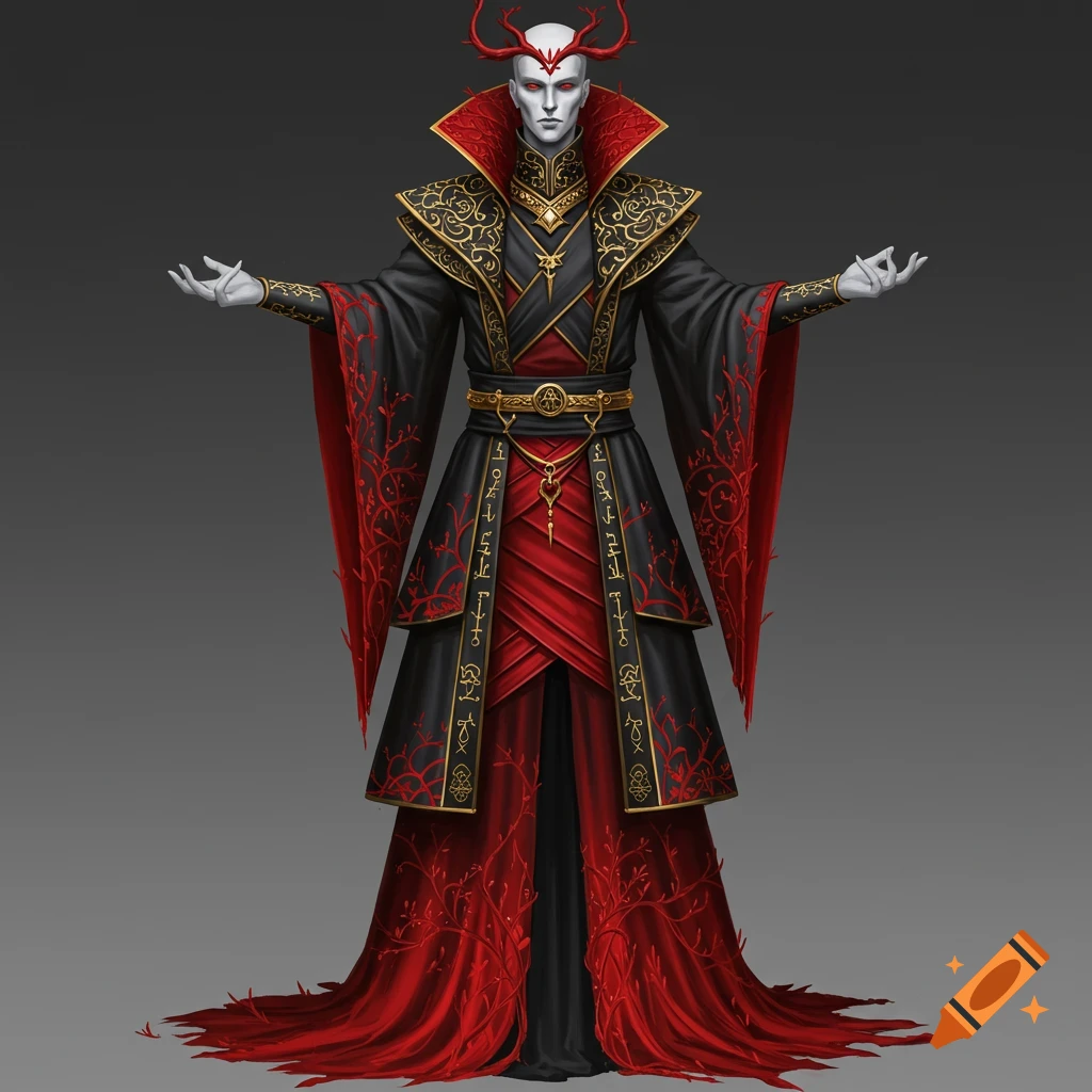 A pale fantasy character in black and red robes with horns.
