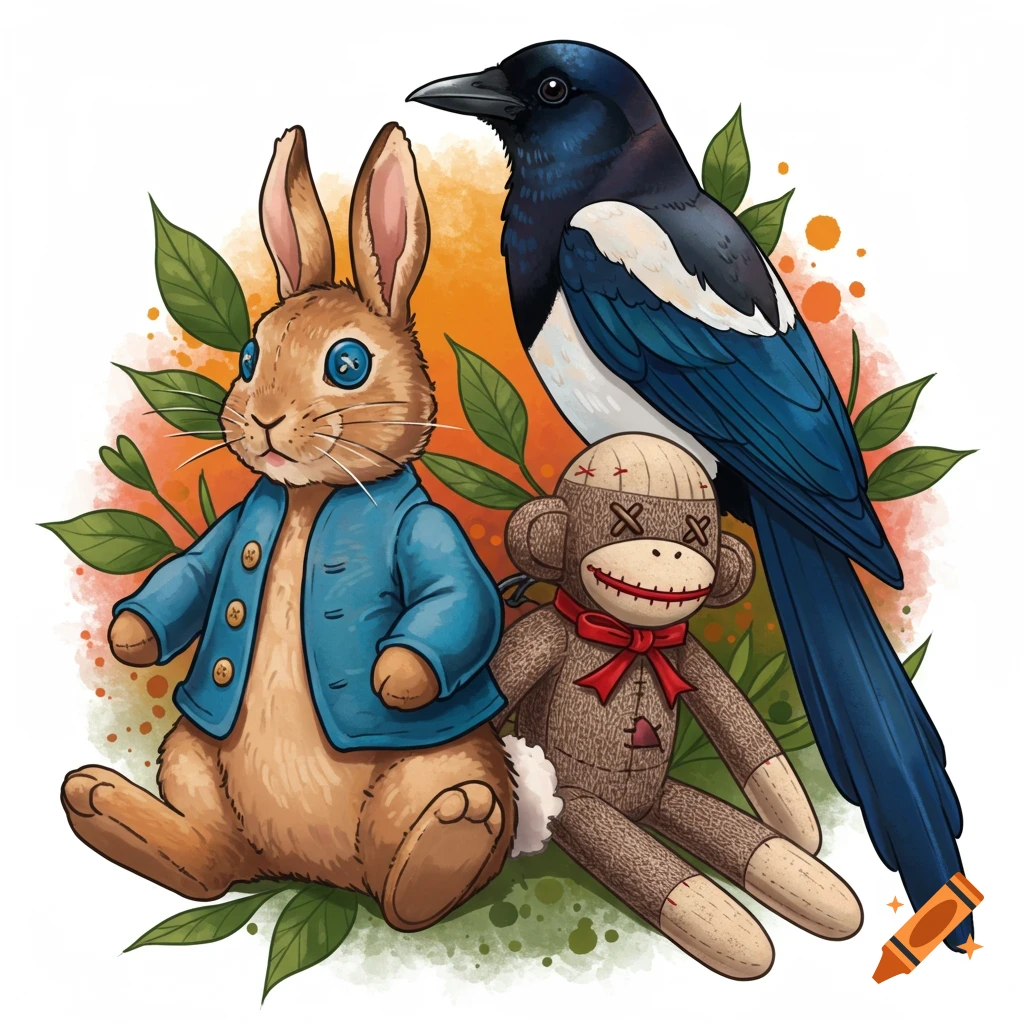 Digital illustration of a stuffed Peter Rabbit, a sock monkey, and a magpie sitting together.