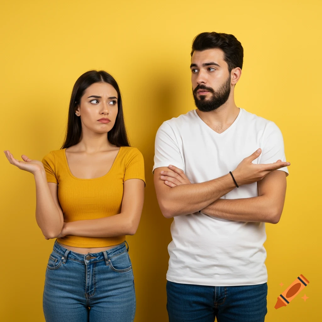 Young man and woman with expressive faces on a yellow background. The woman looks confused, the man gestures while talking.