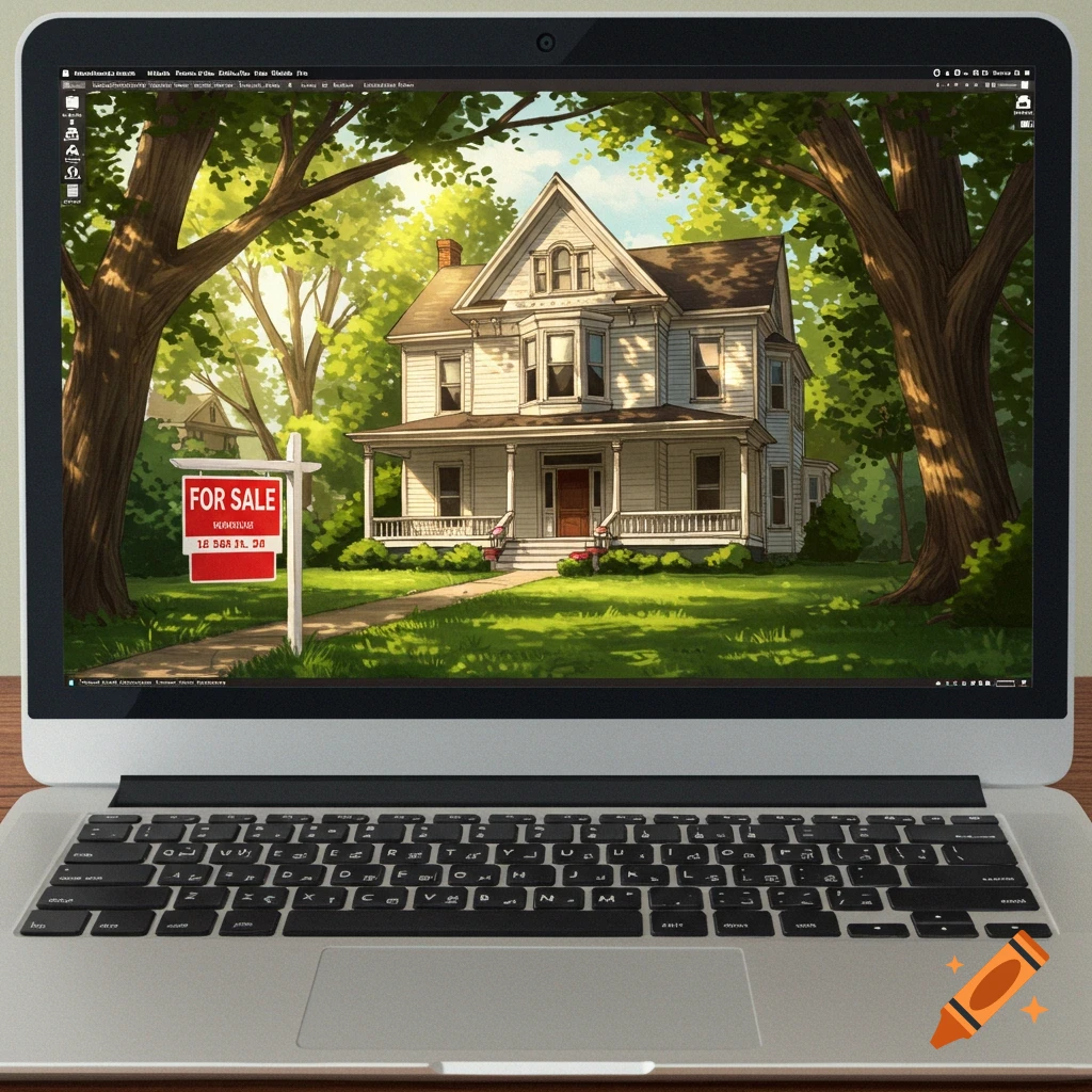 A white house with a FOR SALE sign, displayed on a laptop screen.