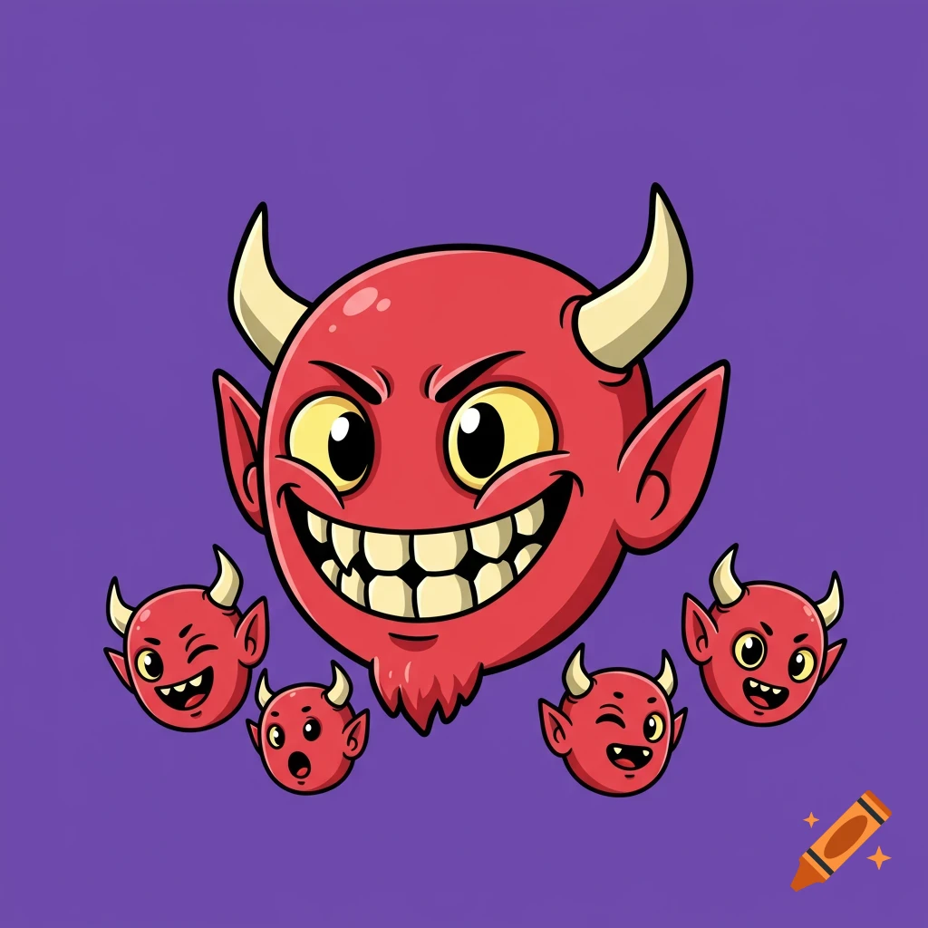 Cartoon illustration of a large red devil head with horns and multiple smaller devil heads around it on a purple background.