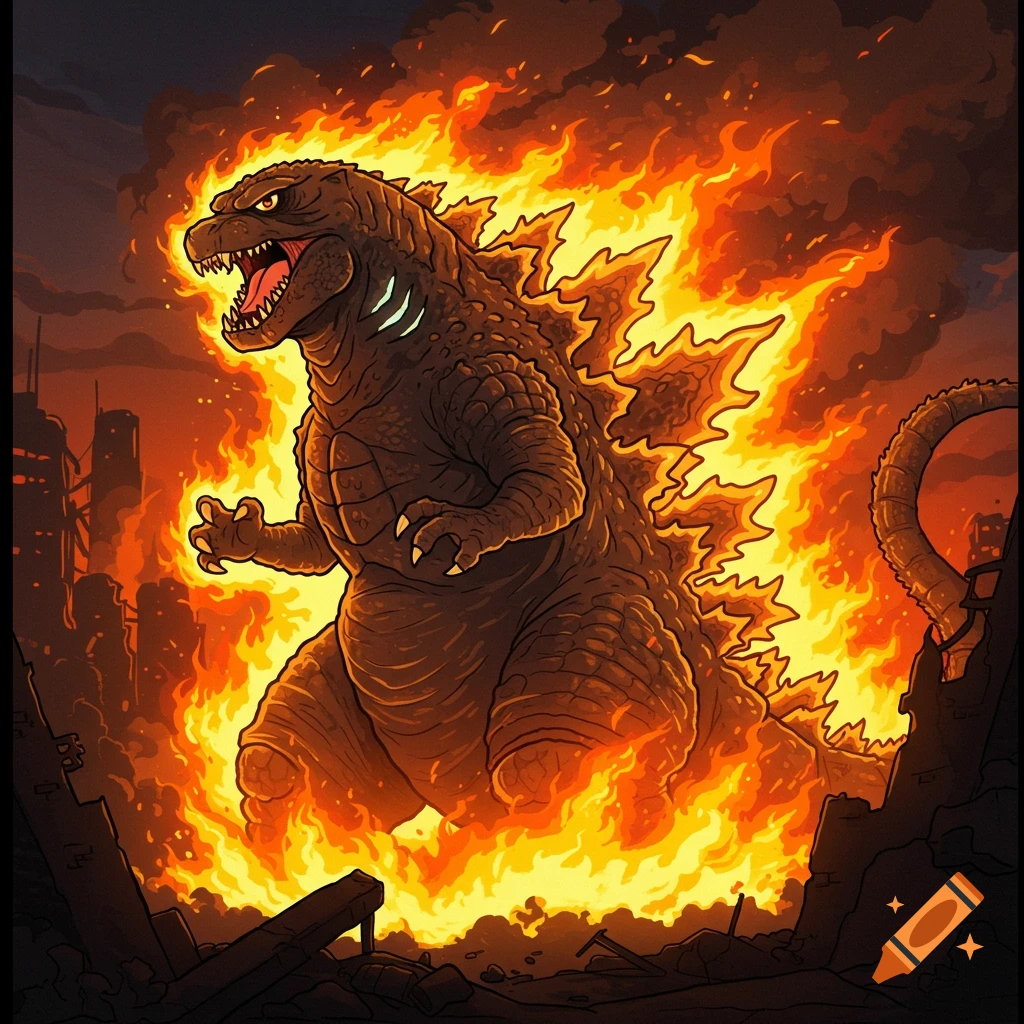 Cartoon Godzilla surrounded by flames in a destroyed city