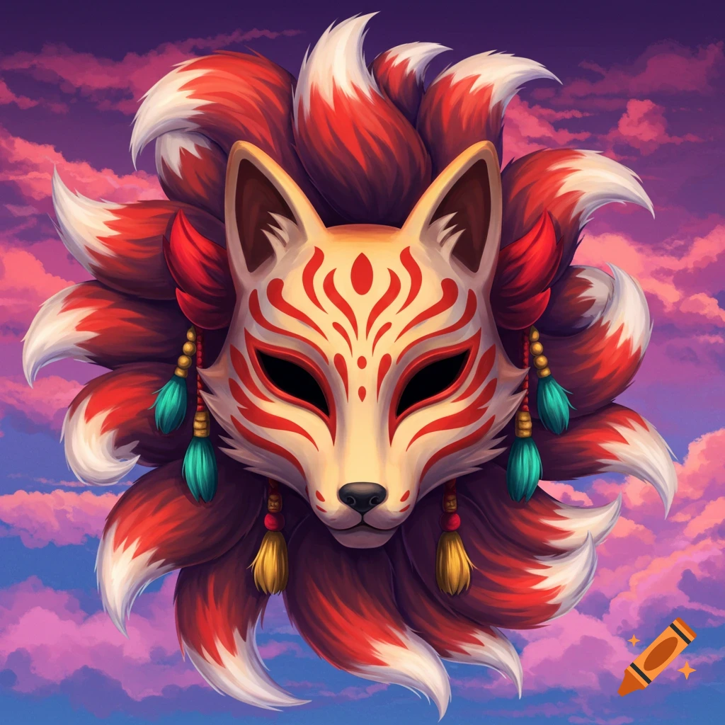 A Kitsune fox mask surrounded by many tails against a cloudy sky