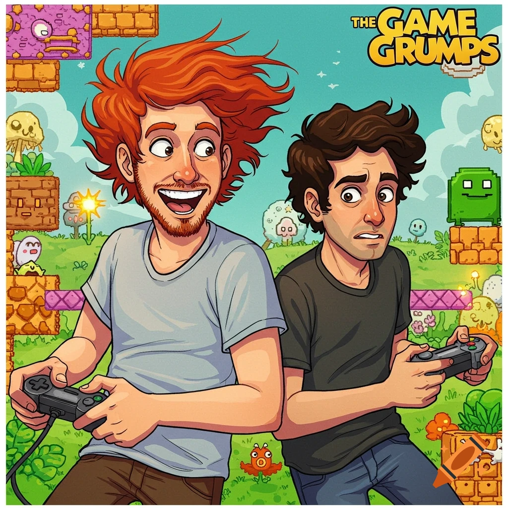 A cartoon of two men playing video games in a colorful platformer world, with text 'THE GAME GRUMPS'.