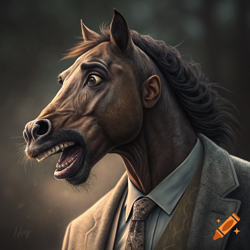 Close-up photorealistic portrait of an anthropomorphic horse in a suit with a shocked expression.