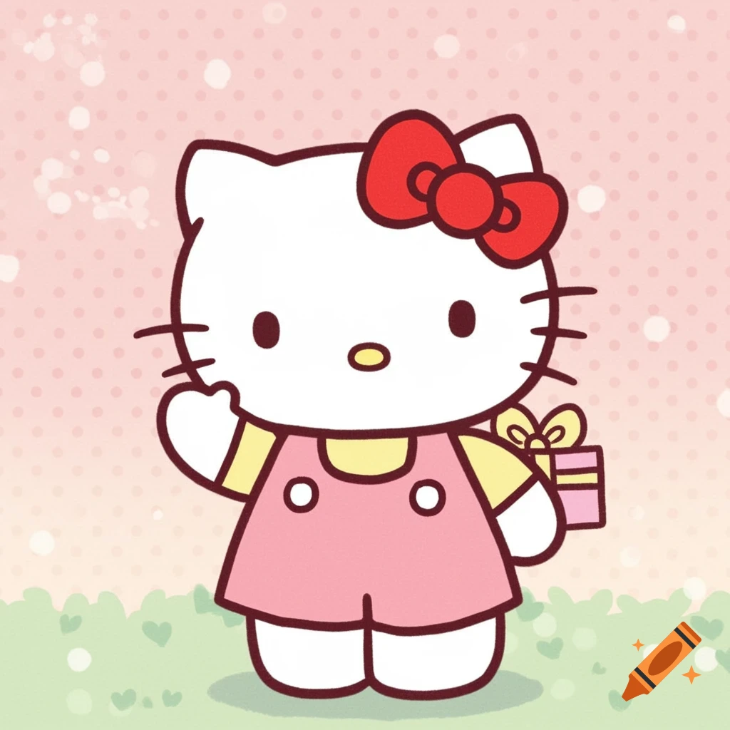 Hello Kitty waving and holding a gift against a pink background
